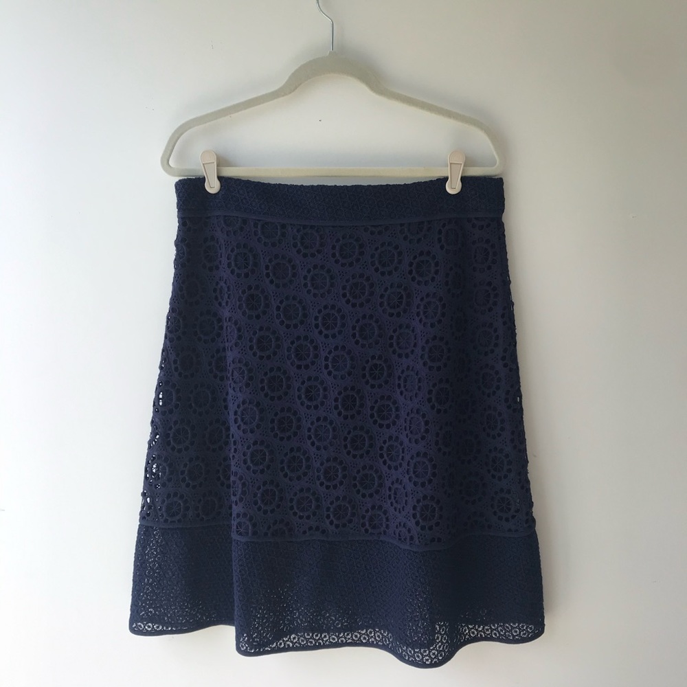 Trina Turk eyelet a-line skirt navy blue cotton Sz 10